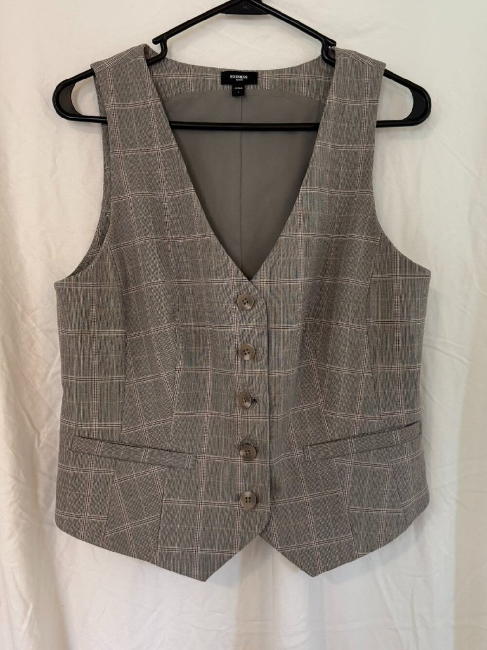 Express Editor Blazer Vest Women's Gray Large Plaid Five Button Front Pockets
